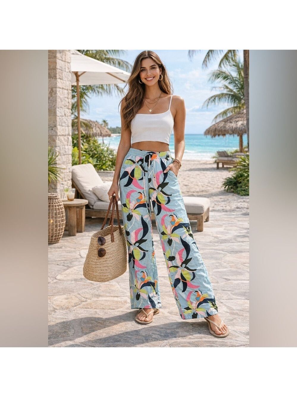 a new day Multicolor Tropical Patterned Pants linen blend resortwear wide leg XS